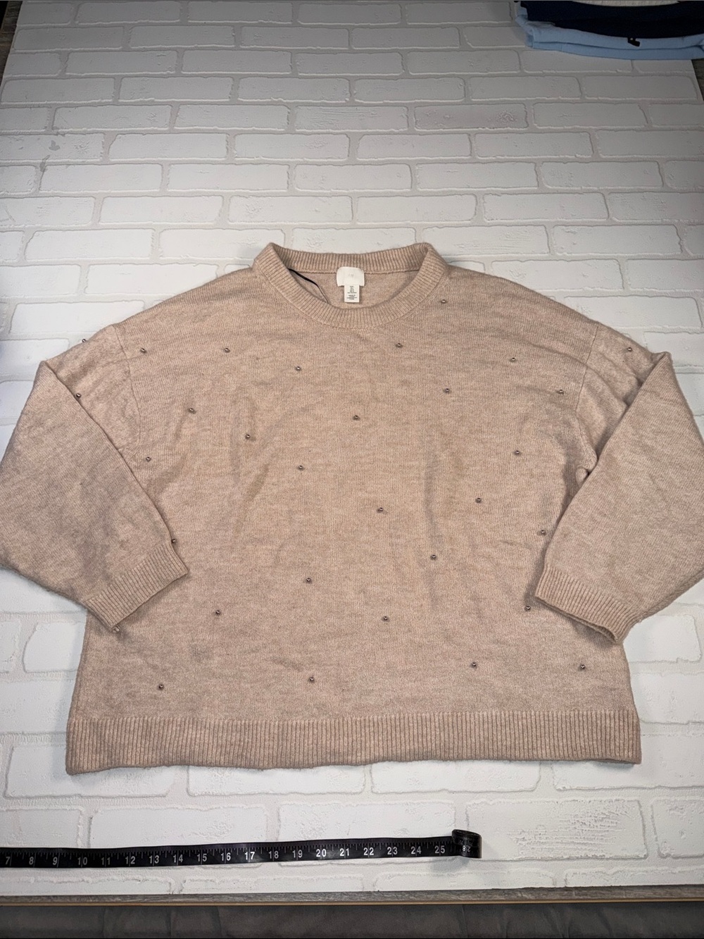 H&M Taupe Crewneck Sweater with Tiny Bead Embellishments